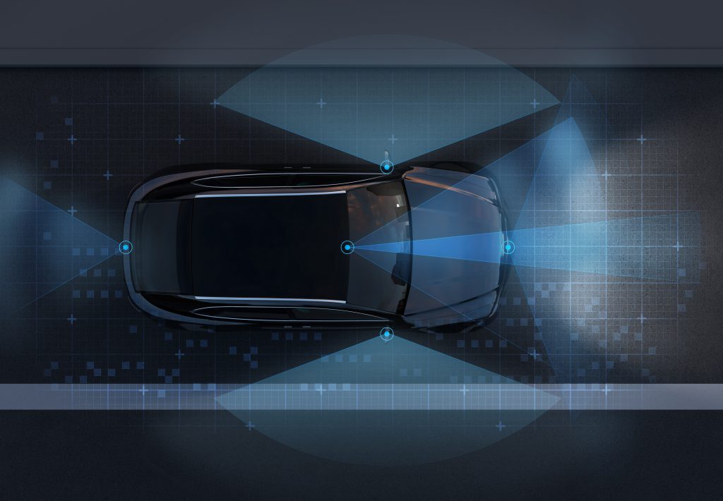 Top view of self-driving SUV on the road with sensing graphic pattern retouched