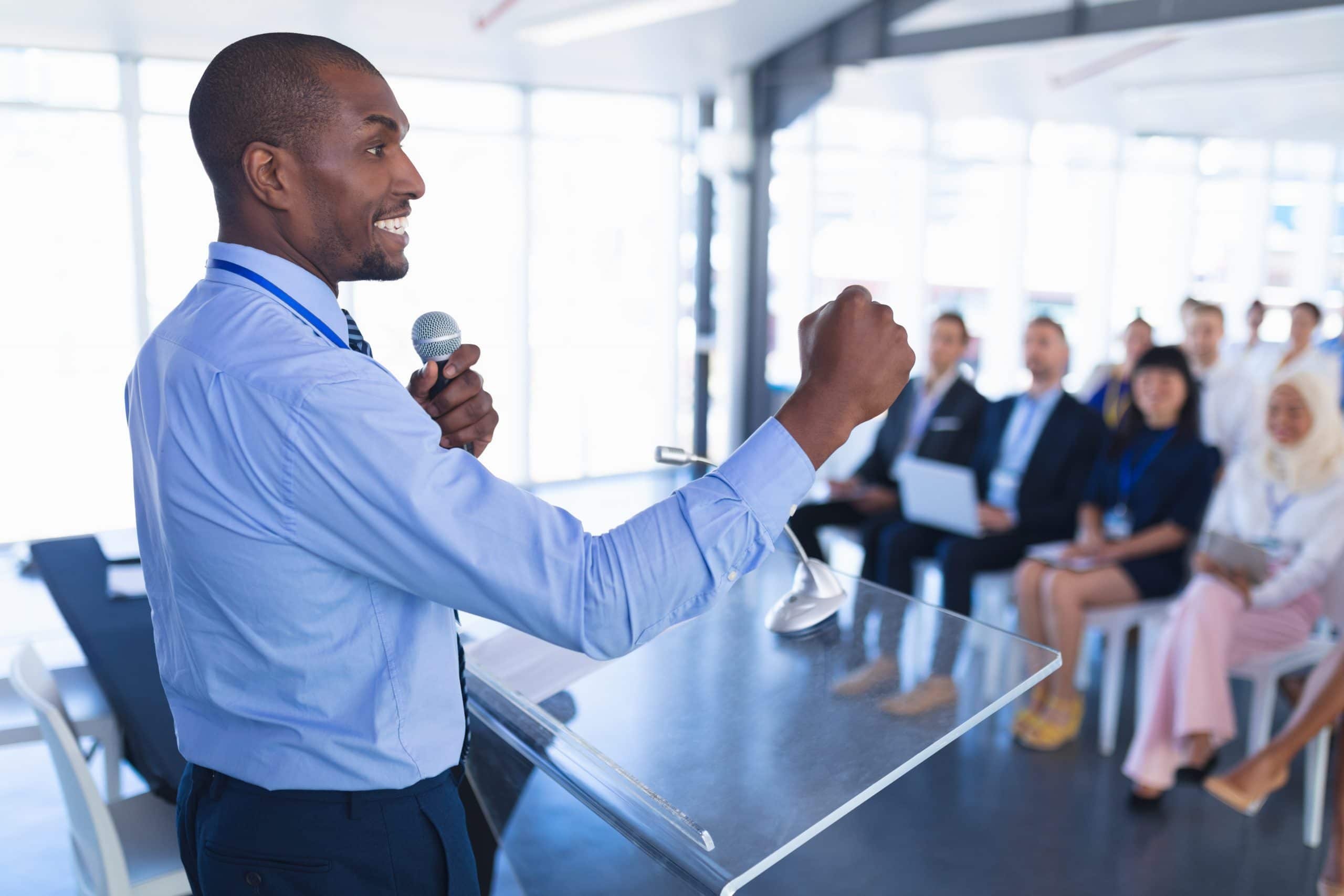 Male speaker speaks in business seminar